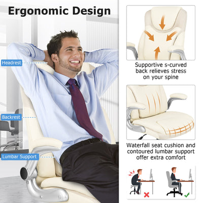 Ergonomic Office PU Leather Executive Chair with Flip-up Armrests and Rocking Function-White