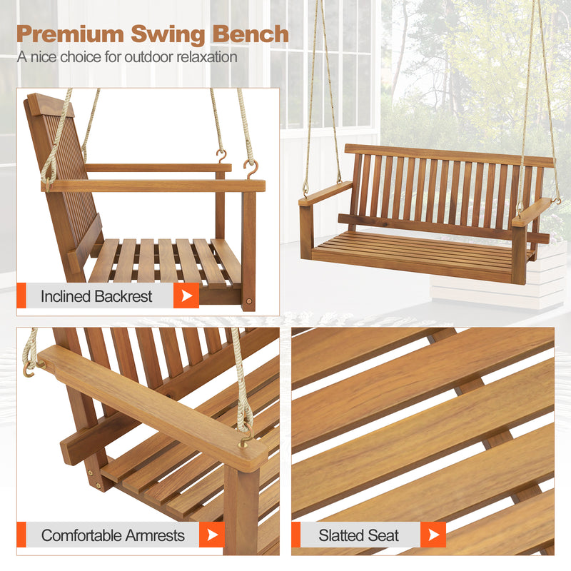 2-Seat Acacia Wood Porch Swing Bench with 2 Hanging Hemp Ropes