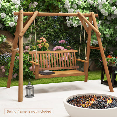 2-Seat Acacia Wood Porch Swing Bench with 2 Hanging Hemp Ropes