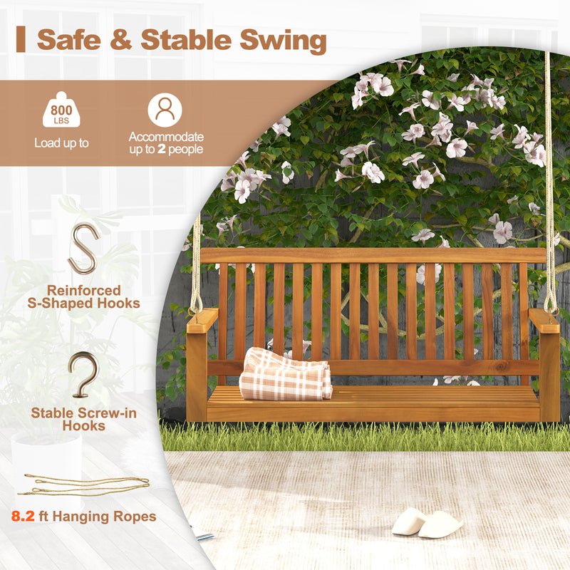 2-Seat Acacia Wood Porch Swing Bench with 2 Hanging Hemp Ropes