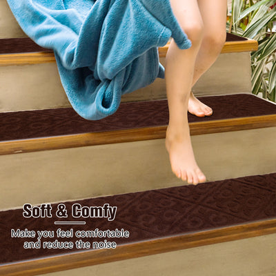 15Pcs Indoor Non-Slip Stair Carpet Mats for Wooden Steps-Brown