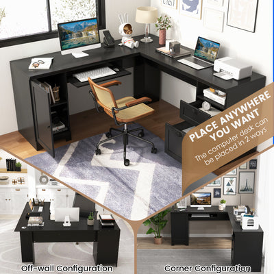 66 Inch L-Shaped Writing Study Workstation Computer Desk with Drawers-Black