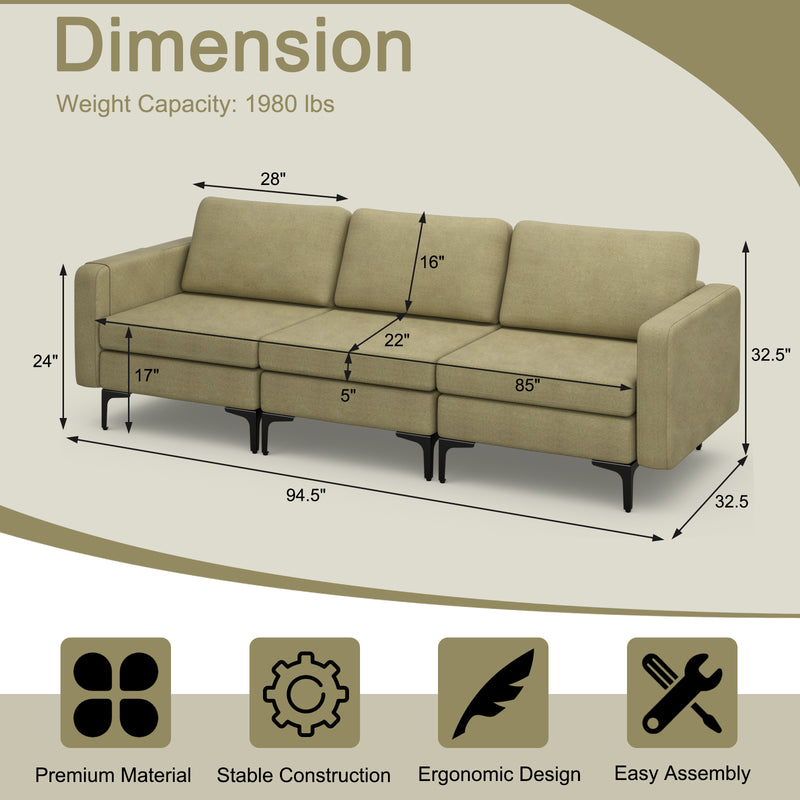 Convertible Leather Sofa Couch with Magazine Pockets 3-Seat with 2 USB Port-Green