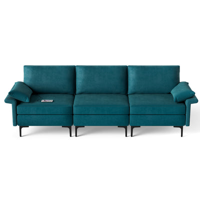 Large 3-Seat Sofa Sectional with Metal Legs and 2 USB Ports for 3-4 people-Turquoise