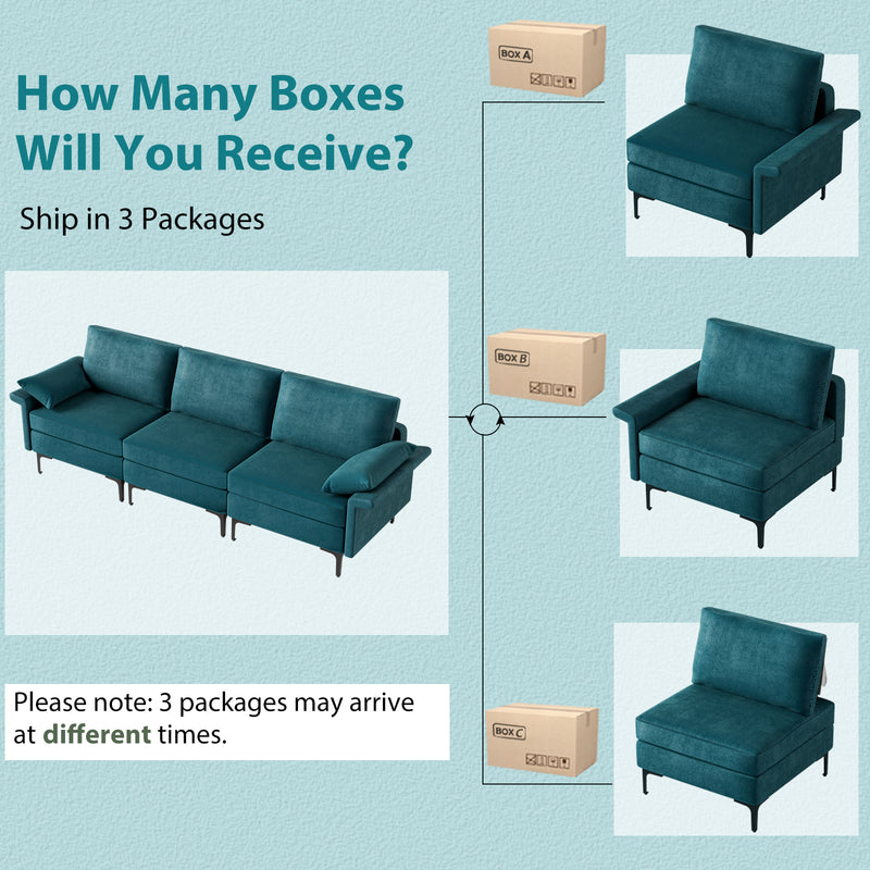 Large 3-Seat Sofa Sectional with Metal Legs and 2 USB Ports for 3-4 people-Turquoise