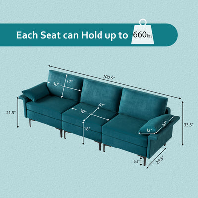 Large 3-Seat Sofa Sectional with Metal Legs and 2 USB Ports for 3-4 people-Turquoise