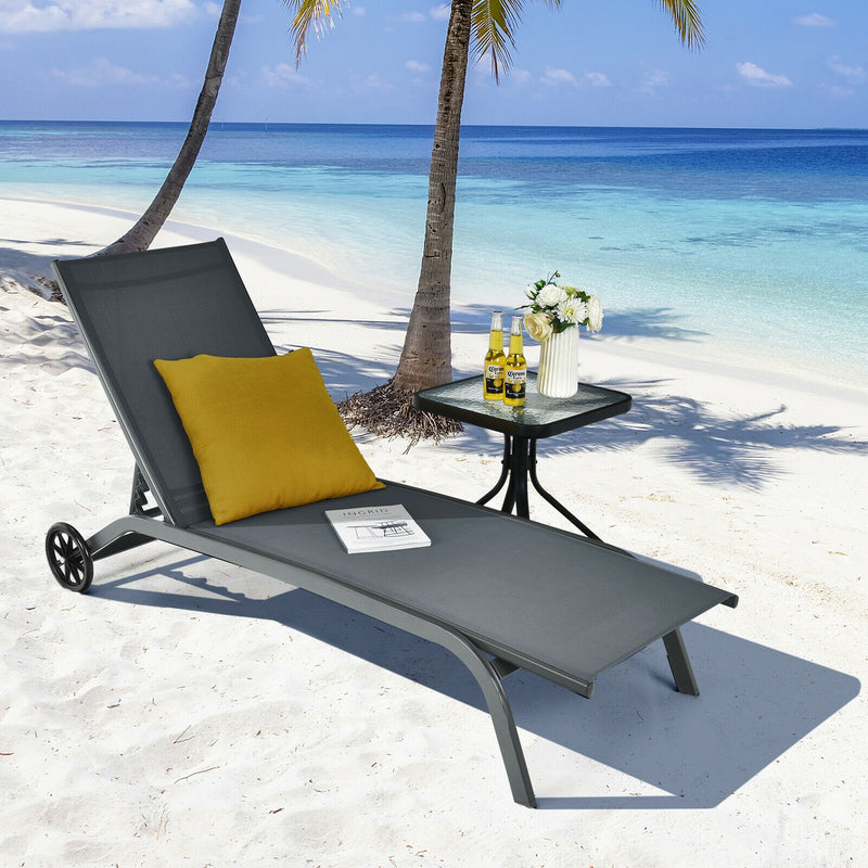 6-Poisition Adjustable Outdoor Chaise Recliner with Wheels-Gray