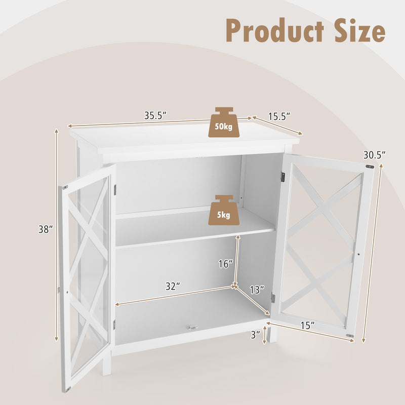 Freestanding Kitchen Buffet Cabinet with Glass Doors and Adjustable Shelf-White