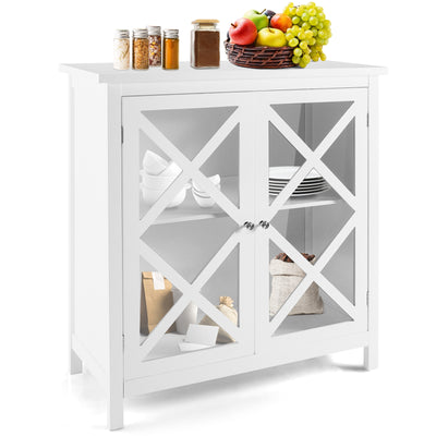 Freestanding Kitchen Buffet Cabinet with Glass Doors and Adjustable Shelf-White