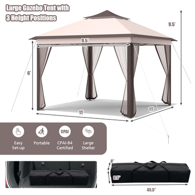 2-Tier 11 x 11 Feet Pop-Up Gazebo Tent Portable Canopy Shelter Carry Bag Mesh-Beige