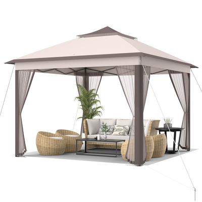 2-Tier 11 x 11 Feet Pop-Up Gazebo Tent Portable Canopy Shelter Carry Bag Mesh-Beige