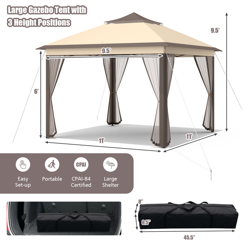 2-Tier 11 x 11 Feet Pop-Up Gazebo Tent Portable Canopy Shelter Carry Bag Mesh