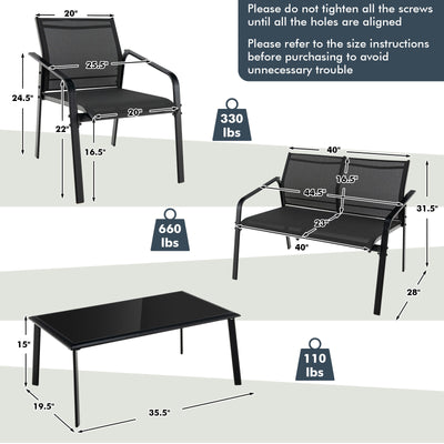 4 Pieces Patio Furniture Set with Armrest Loveseat Sofas and Glass Table Deck-Black