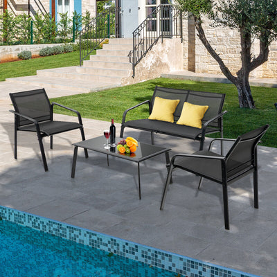 4 Pieces Patio Furniture Set with Armrest Loveseat Sofas and Glass Table Deck-Black