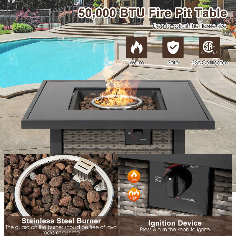 32 Inch Square Propane Fire Pit Table with Lava Rocks Cover-Gray