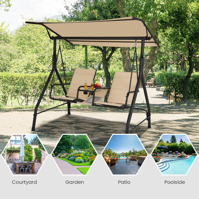 2-Seat Outdoor Cushioned Porch Swing with Adjustable Canopy and Tempered Glass Table-Beige