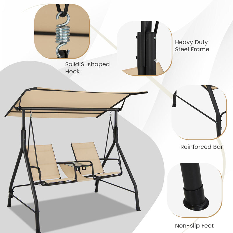 2-Seat Outdoor Cushioned Porch Swing with Adjustable Canopy and Tempered Glass Table-Beige