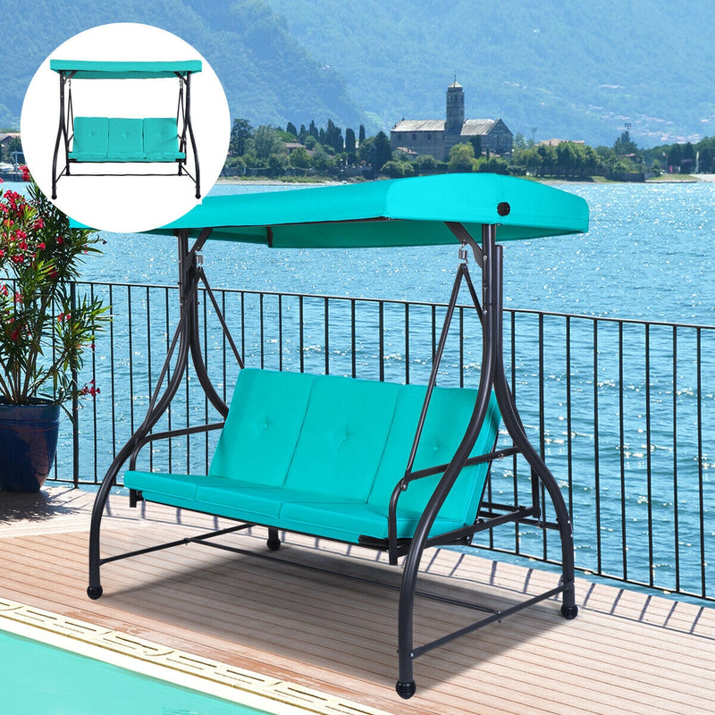 3 Seats Converting Outdoor Swing Canopy Hammock with Adjustable Tilt Canopy-Turquoise