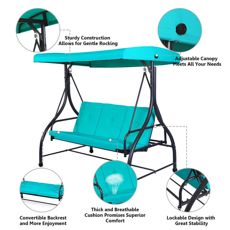 3 Seats Converting Outdoor Swing Canopy Hammock with Adjustable Tilt Canopy-Turquoise