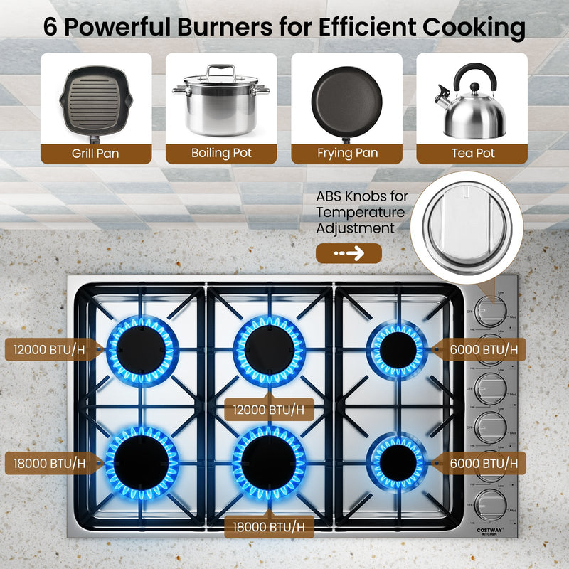 30/36 Inch Gas Cooktop with 4/6 Powerful Burners and ABS Knobs-36 inches