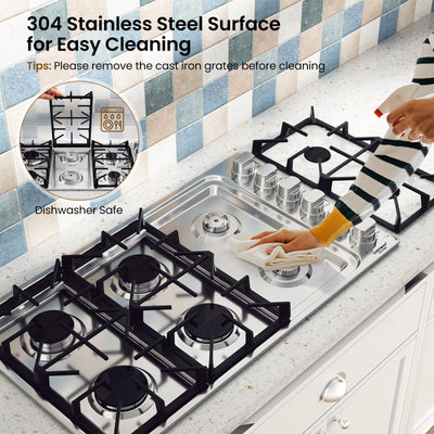 30/36 Inch Gas Cooktop with 4/6 Powerful Burners and ABS Knobs-36 inches