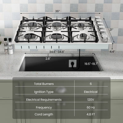 30/36 Inch Gas Cooktop with 4/6 Powerful Burners and ABS Knobs-36 inches