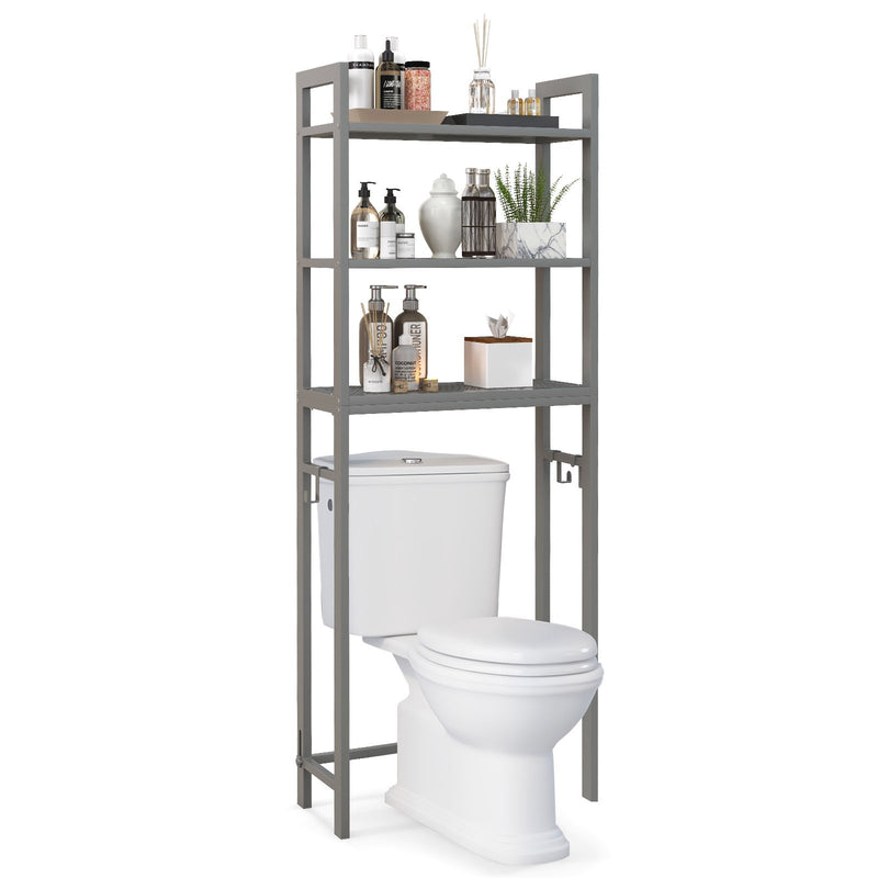 Over-The-Toilet Storage Shelf Space Saving Metal Bathroom Organizer Hooks-Gray