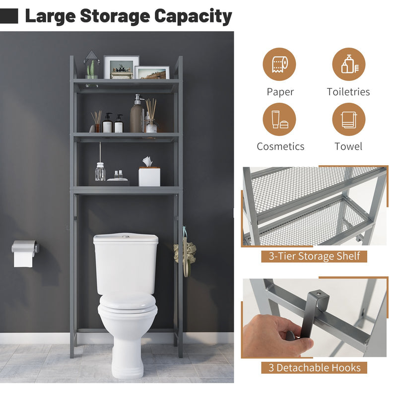 Over-The-Toilet Storage Shelf Space Saving Metal Bathroom Organizer Hooks-Gray