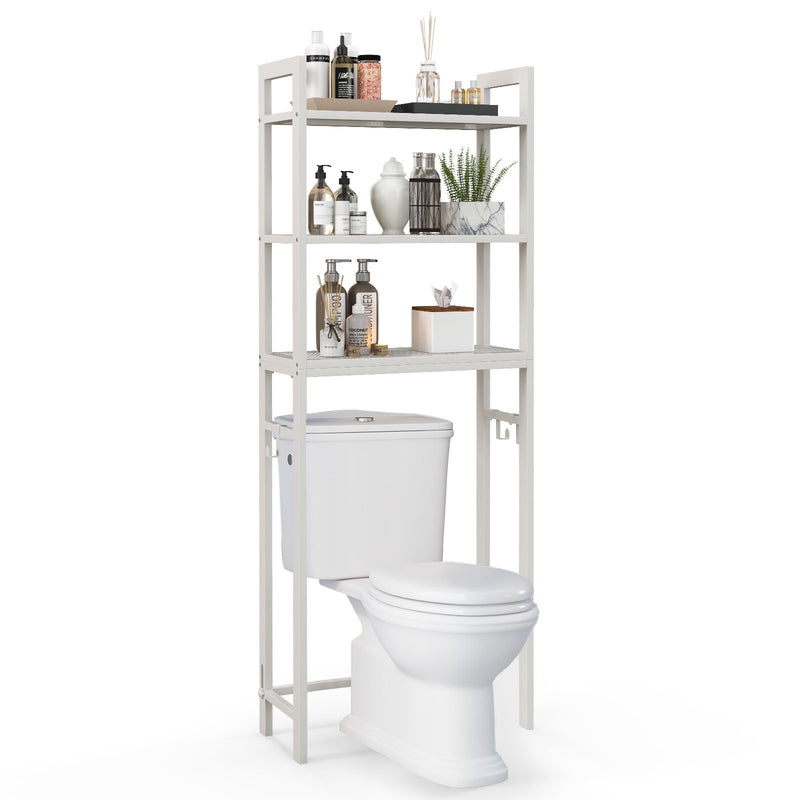 Over-The-Toilet Storage Shelf Space Saving Metal Bathroom Organizer Hooks-White