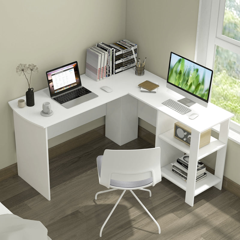 Large Modern L-shaped Computer Desk with 2 Cable Holes and 2 Storage Shelves-White