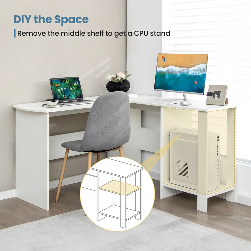 Large Modern L-shaped Computer Desk with 2 Cable Holes and 2 Storage Shelves-White