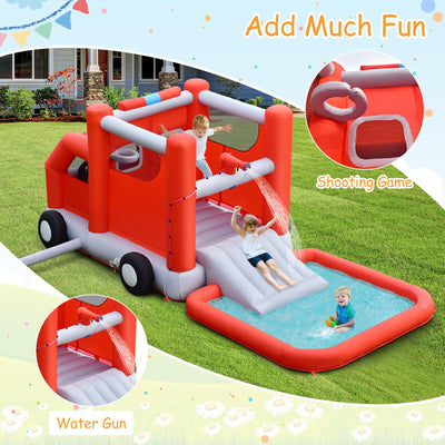 Fire Truck Themed Inflatable Castle Water Park Kids Bounce House with 480W Blower