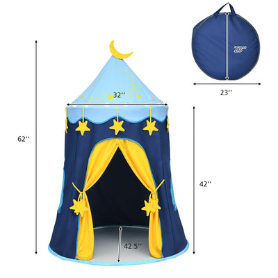 Indoor Outdoor Kids Foldable Pop-Up Play Tent with Star Lights Carry Bag-Blue