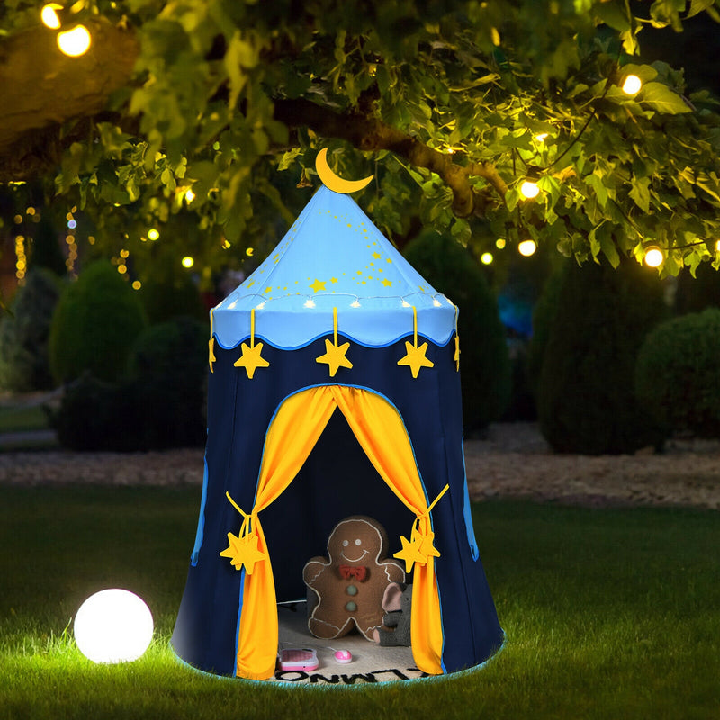 Indoor Outdoor Kids Foldable Pop-Up Play Tent with Star Lights Carry Bag-Blue