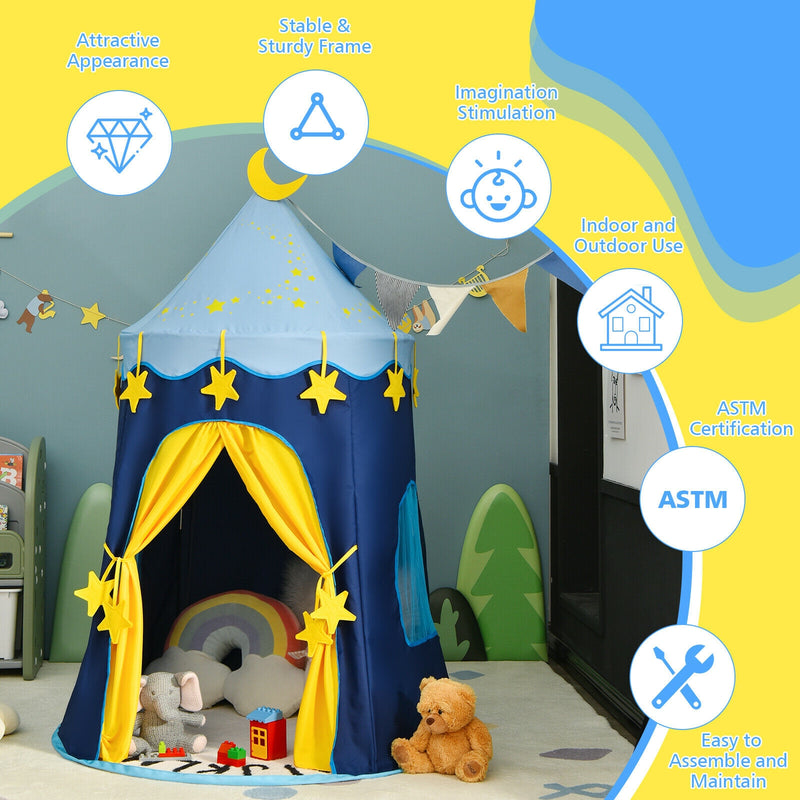 Indoor Outdoor Kids Foldable Pop-Up Play Tent with Star Lights Carry Bag-Blue