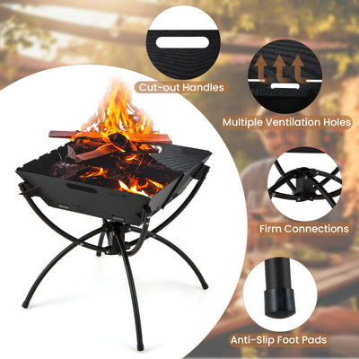 3-in-1 Camping Campfire Grill with Stainless Steel Grills Carrying Bag & Gloves-Black