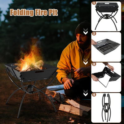 3-in-1 Camping Campfire Grill with Stainless Steel Grills Carrying Bag & Gloves-Black