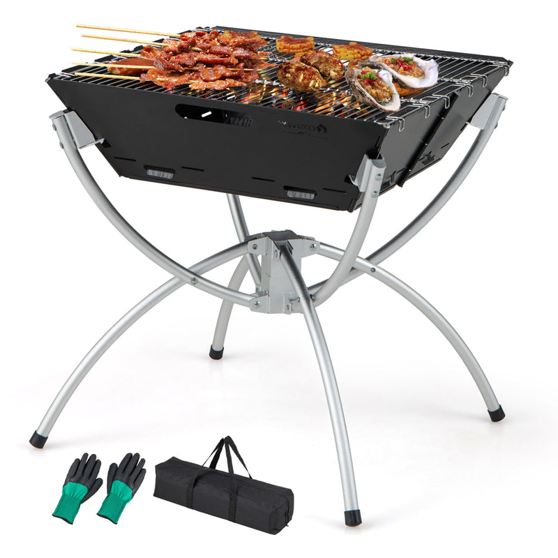 3-in-1 Camping Campfire Grill with Stainless Steel Grills Carrying Bag & Gloves-Silver