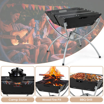 3-in-1 Camping Campfire Grill with Stainless Steel Grills Carrying Bag & Gloves-Silver