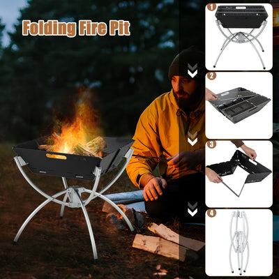 3-in-1 Camping Campfire Grill with Stainless Steel Grills Carrying Bag & Gloves-Silver