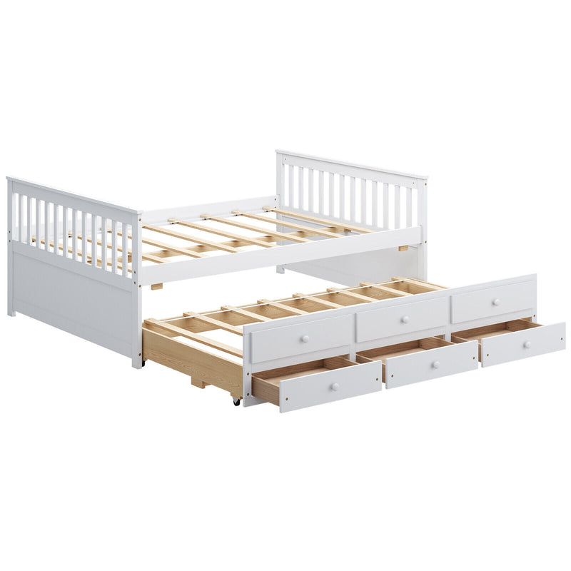 Full Size Wood Daybed Frame with Trundle Bed and 3 Storage Drawers-White