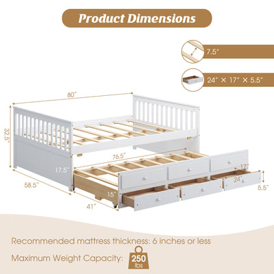 Full Size Wood Daybed Frame with Trundle Bed and 3 Storage Drawers-White