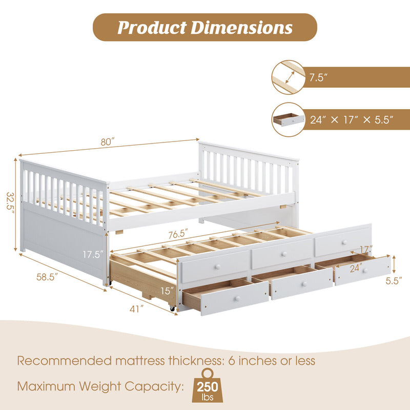 Full Size Wood Daybed Frame with Trundle Bed and 3 Storage Drawers-White