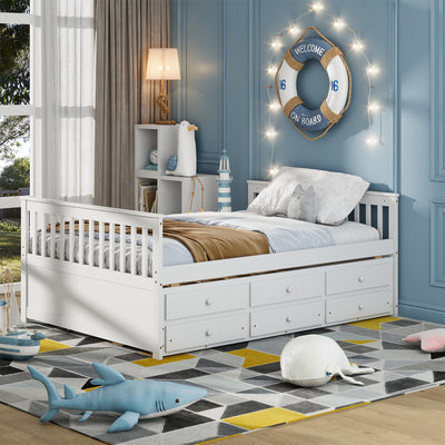 Full Size Wood Daybed Frame with Trundle Bed and 3 Storage Drawers-White