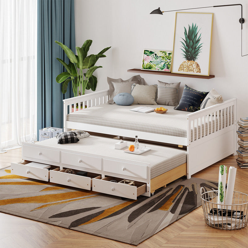 Full Size Wood Daybed Frame with Trundle Bed and 3 Storage Drawers-White