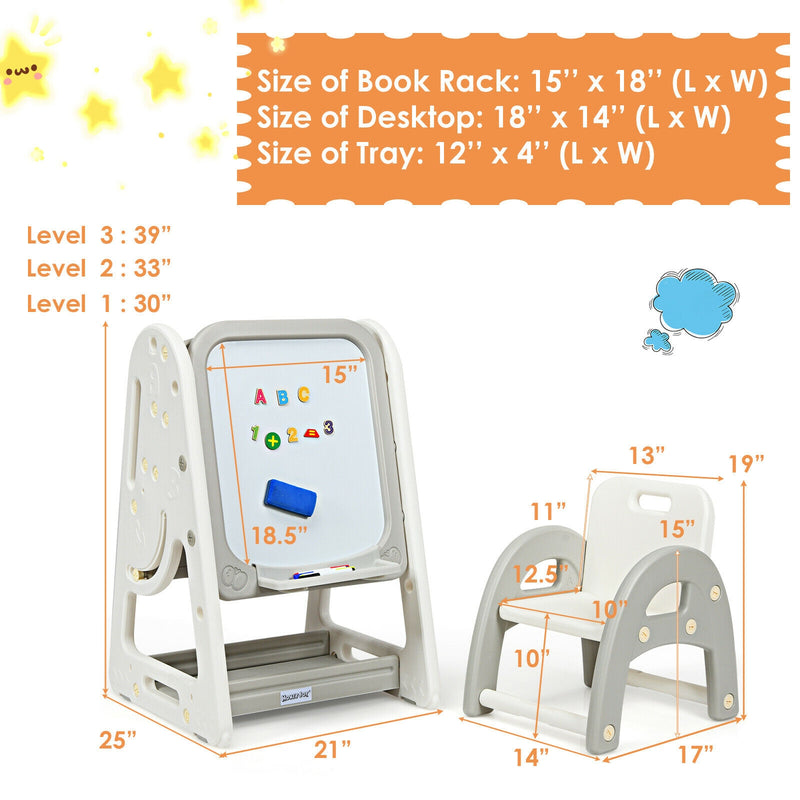 2-in-1 Kids Easel Desk Chair Set Book Rack Adjustable Art Painting Board-Gray