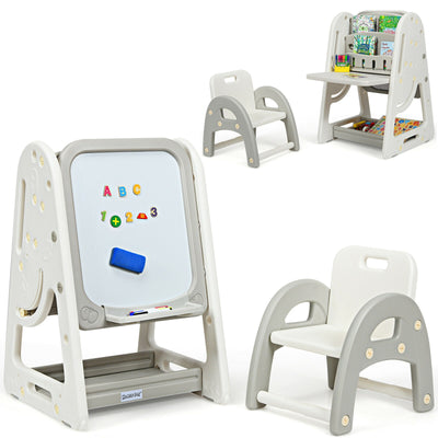 2-in-1 Kids Easel Desk Chair Set Book Rack Adjustable Art Painting Board-Gray