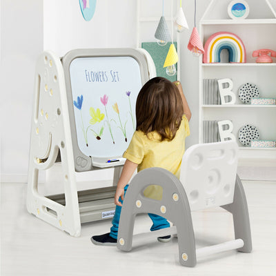 2-in-1 Kids Easel Desk Chair Set Book Rack Adjustable Art Painting Board-Gray