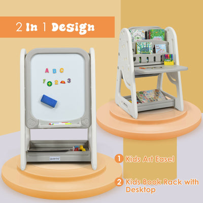 2-in-1 Kids Easel Desk Chair Set Book Rack Adjustable Art Painting Board-Gray