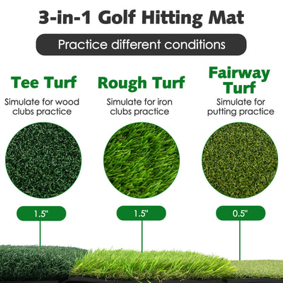 25 x 16 Inch Tri-Turf 3-in-1 Golf Hitting Mat Realistic Synthetic Turf with Tee Holder